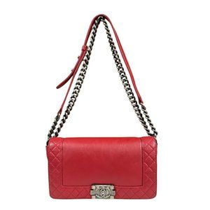 CHANEL BOY Shoulder Bag Leather Red Women's W Chain